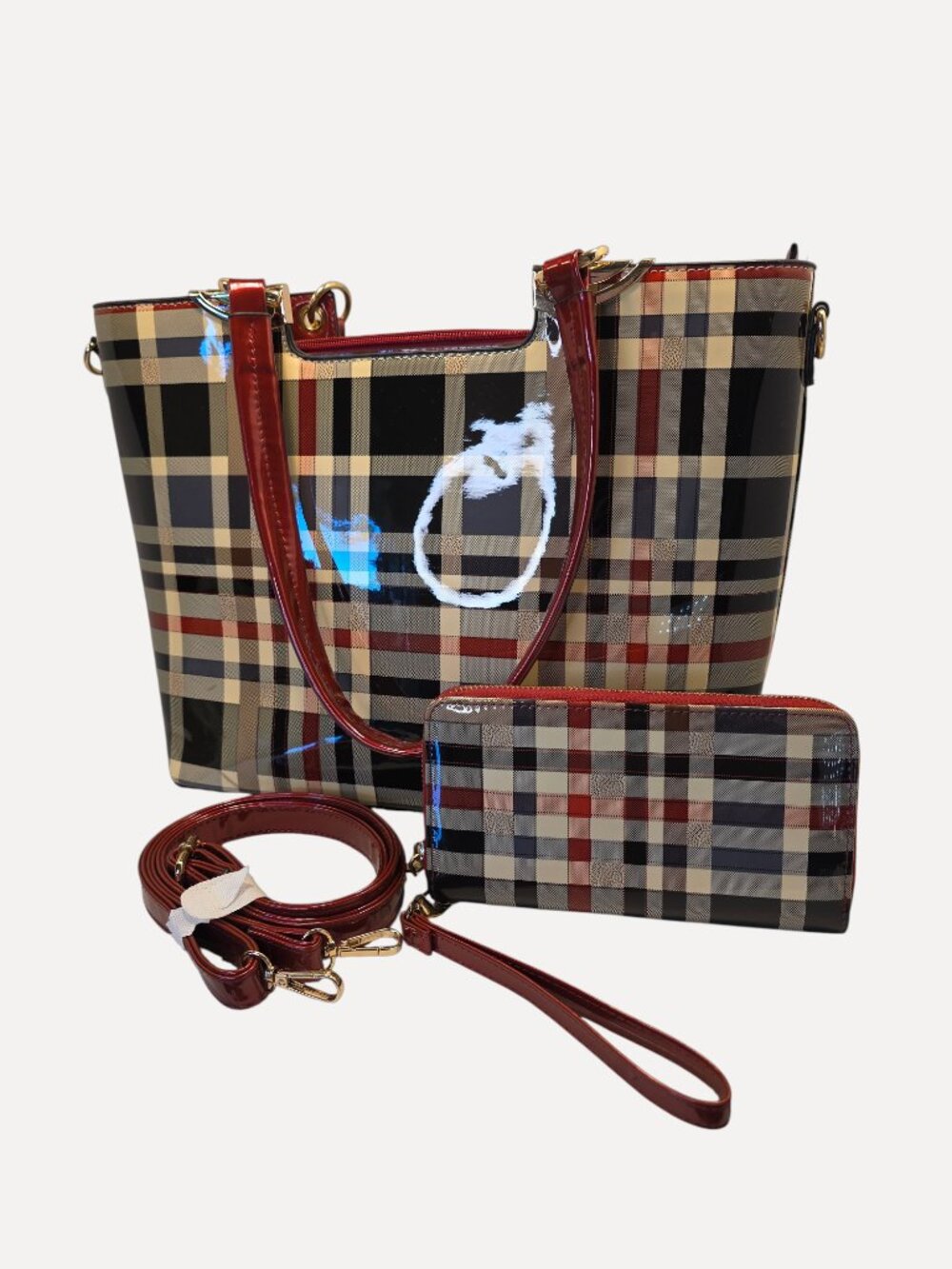 Patent Check Plaid Tote & Matching Long Zippered Wallet - Picture 2 of 10